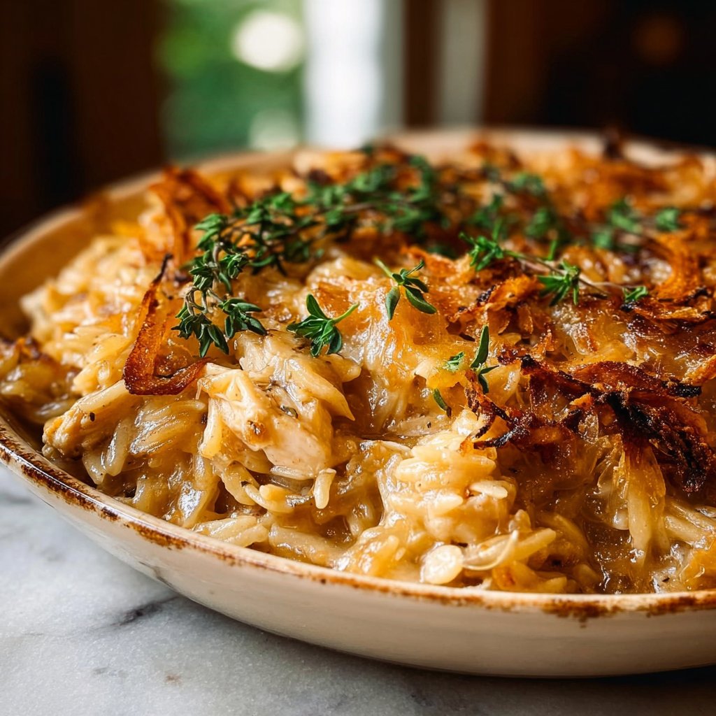 French Onion Chicken Orzo Casserole