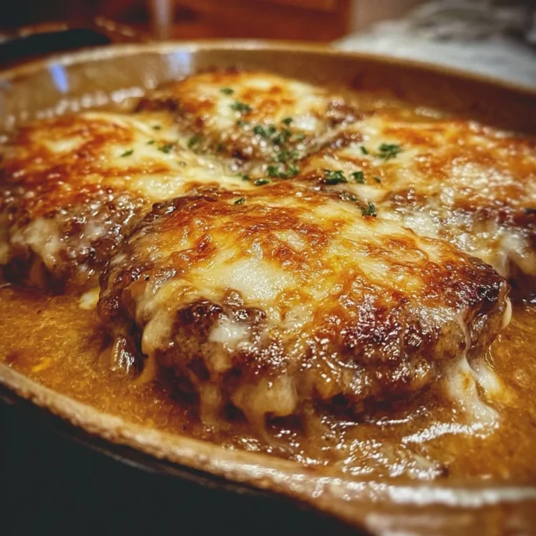 Amish Hamburger Steak Bake topped with savory gravy and served on a plate