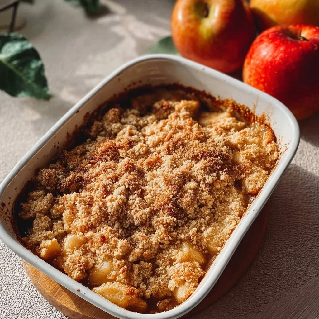 Delicious baked apple crumble with a golden topping and juicy apple filling