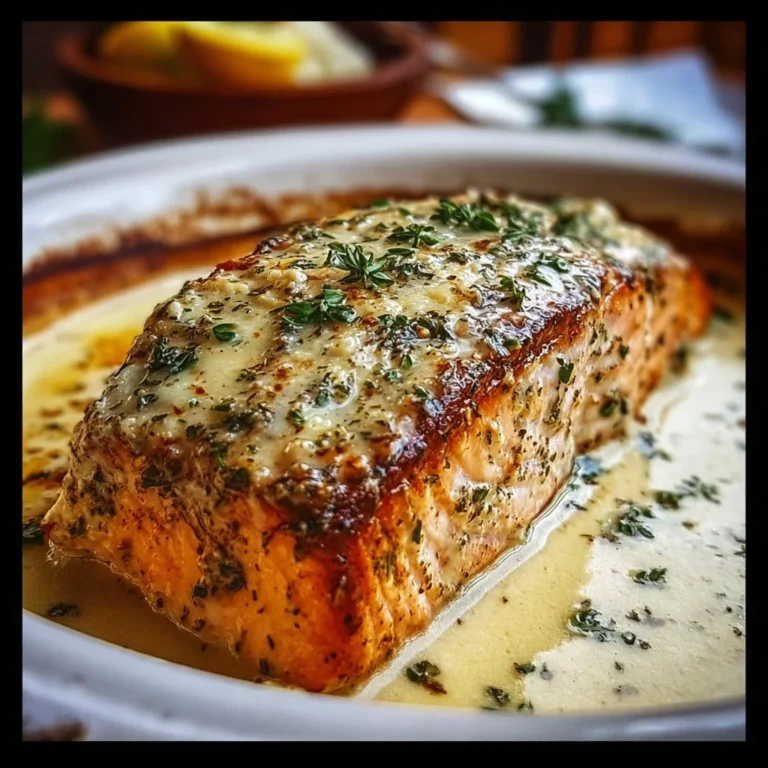 Baked Boursin Salmon garnished with herbs and lemon slices