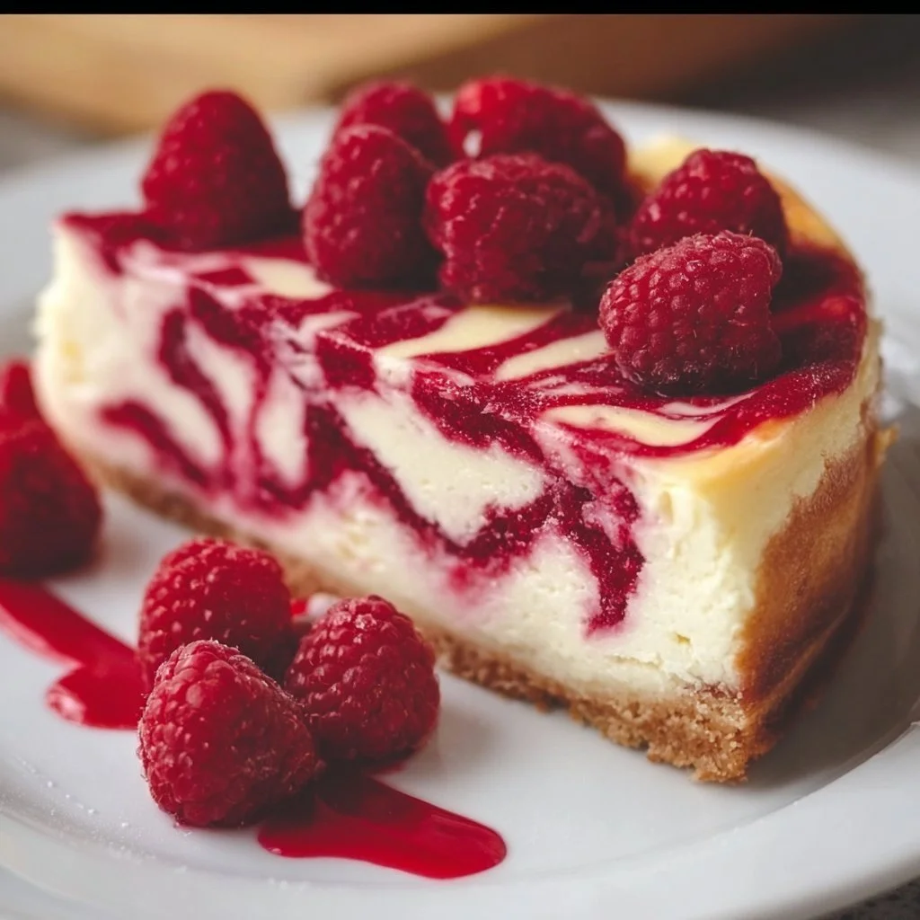 Delicious baked raspberry cheesecake with a smooth topping and fresh raspberries