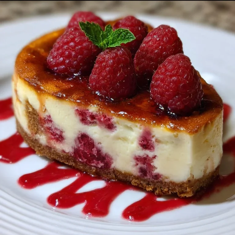 Slice of baked raspberry cheesecake with fresh raspberries on top