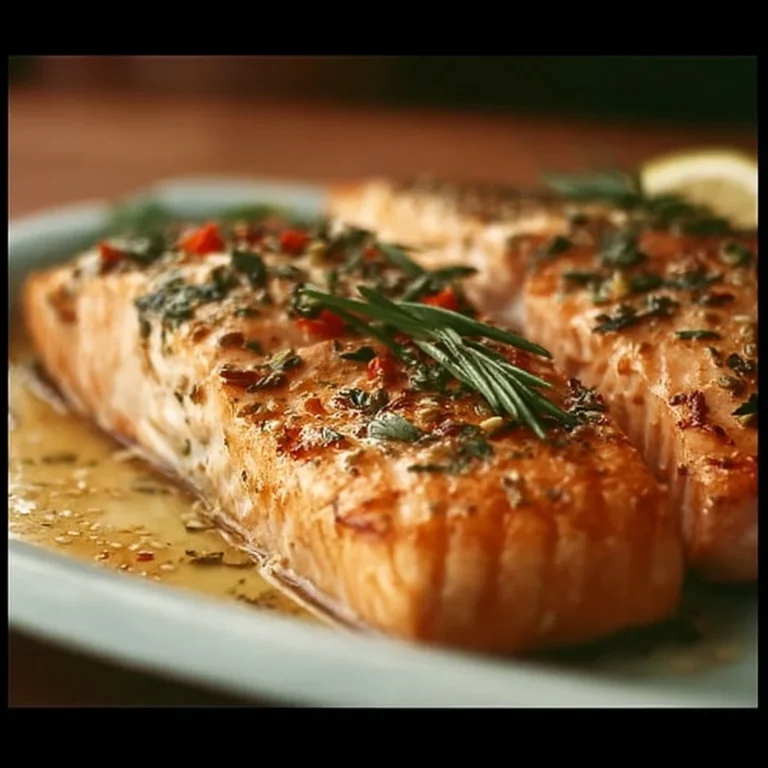 Perfectly baked salmon fillet seasoned and ready to serve for a healthy meal.