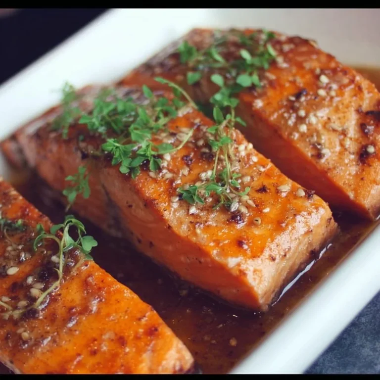 Plate of baked salmon garnished with herbs and lemon slices