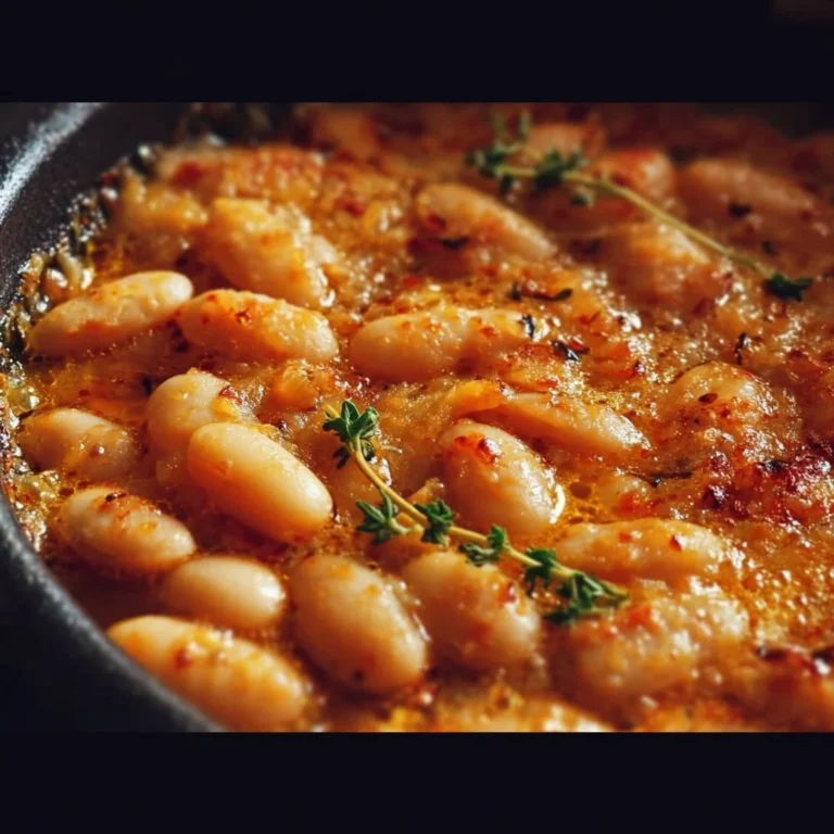Baked white beans topped with herbs and spices in a rustic dish