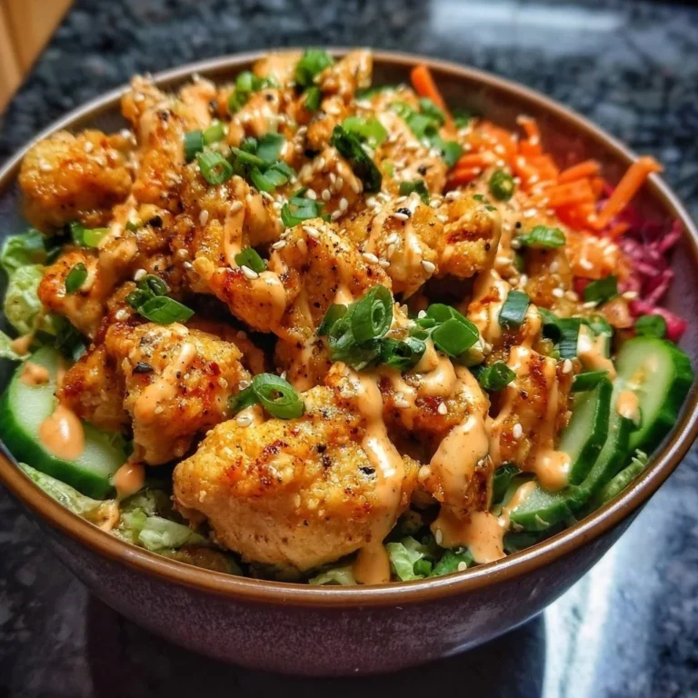Bowl of Bang Bang Chicken with vegetables on a wooden table.