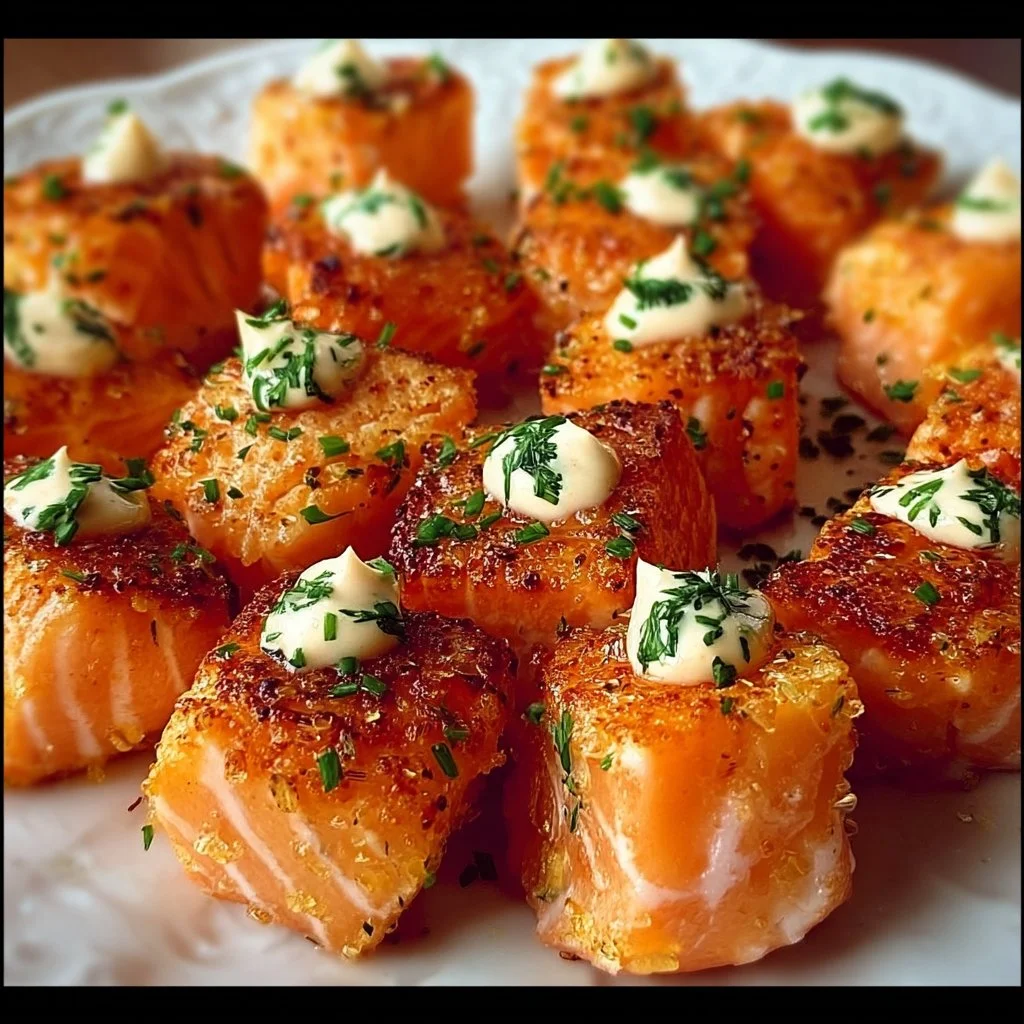 Delicious Bang Bang Salmon Bites served on a platter, garnished with herbs.