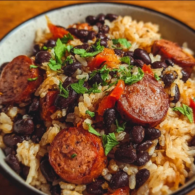 A hearty bowl of black beans and rice with sausage, garnished with fresh herbs.