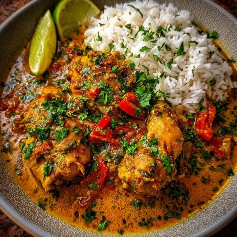 Delicious Brazilian Coconut Chicken served with fresh herbs and vegetables