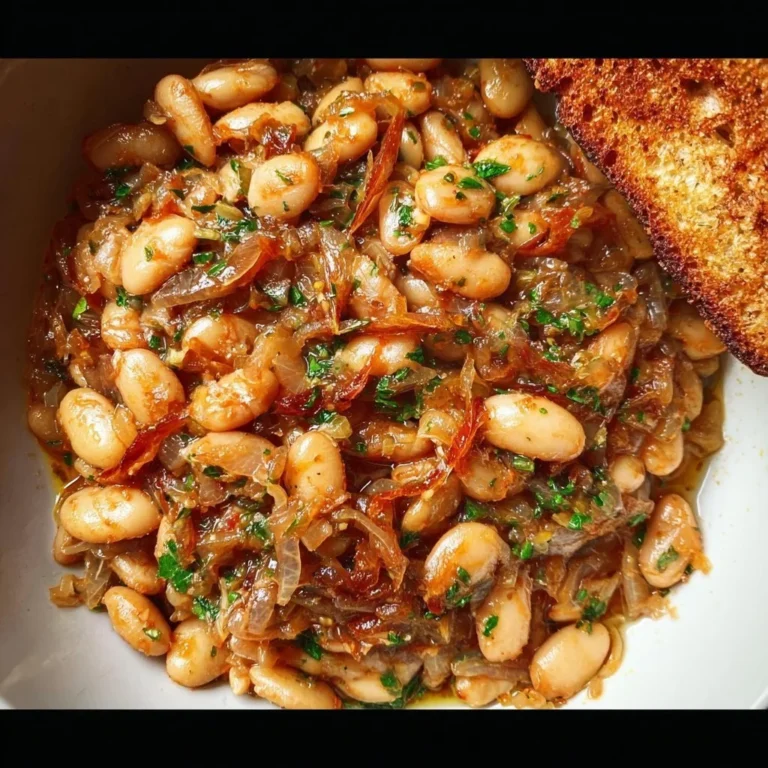 Delicious caramelized onion cannellini beans served in a bowl.