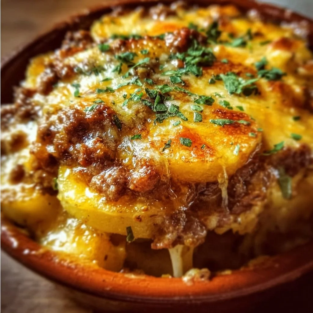 Cheesy hamburger potato casserole served in a baking dish.