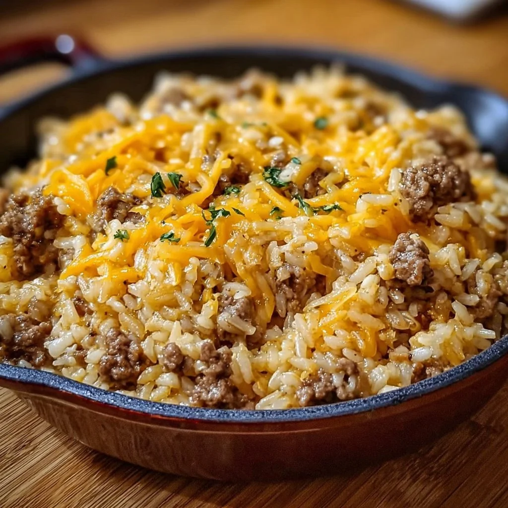 Cheesy Hamburger Rice Casserole garnished and ready to serve.