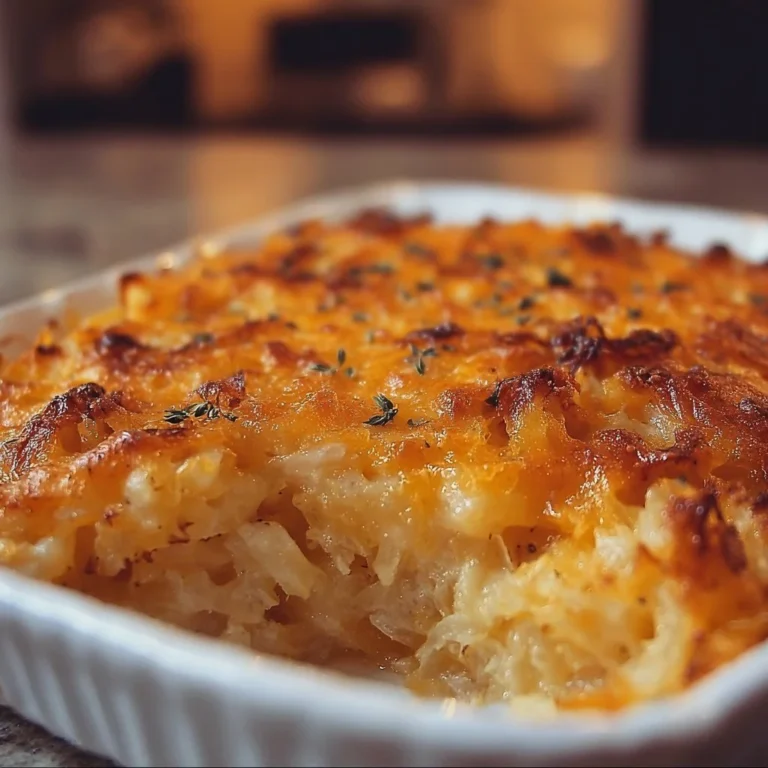 Delicious cheesy hashbrown casserole served in a baking dish