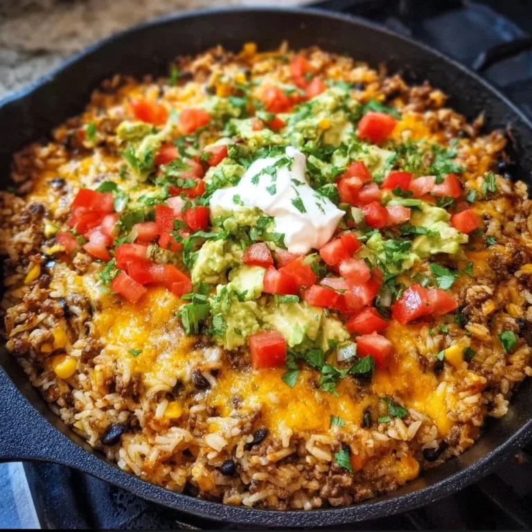 Cheesy Taco Rice Skillet topped with cheese and fresh ingredients