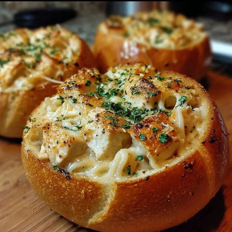 Chicken Alfredo served in garlic bread bowls for a delicious meal