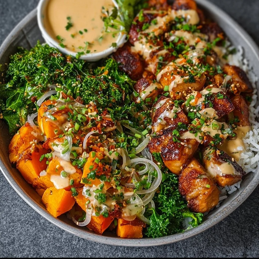 Delicious Chicken and Sweet Potato Bowls garnished with fresh herbs