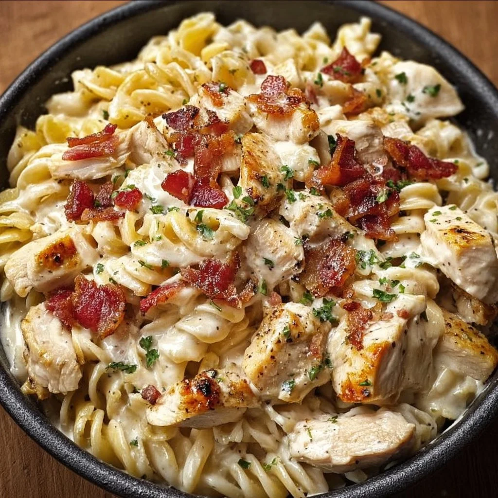 Delicious Chicken Bacon Ranch Pasta served with crispy bacon and fresh herbs.