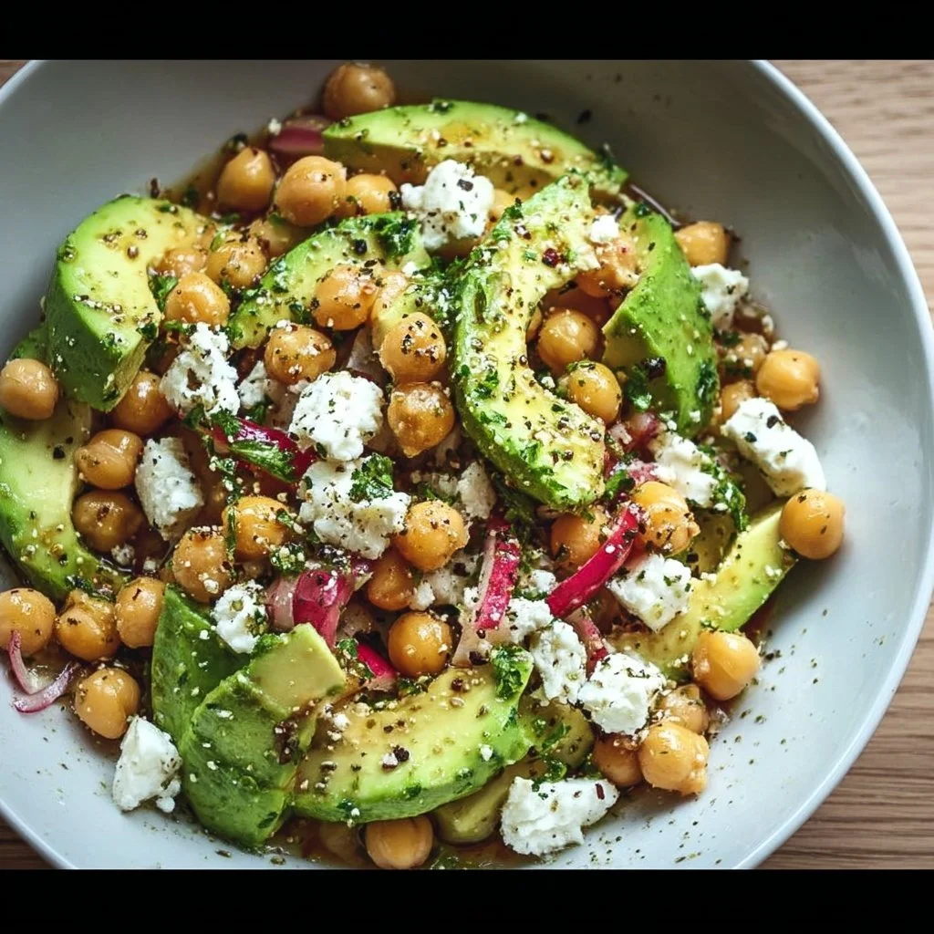 A delicious Chickpea Feta Avocado Salad served in a bowl with vibrant colors.