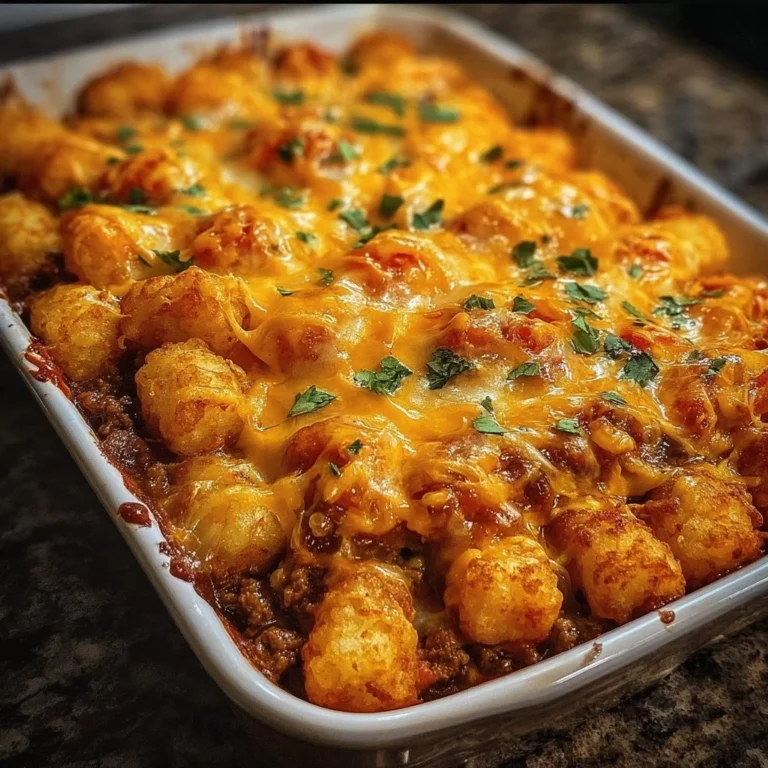 Chili Cheese Tater Tot Casserole topped with melted cheese and crispy tots