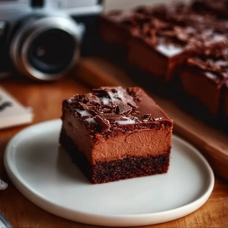 Decadent Chocolate Mousse Brownies stacked on a plate with chocolate garnish.