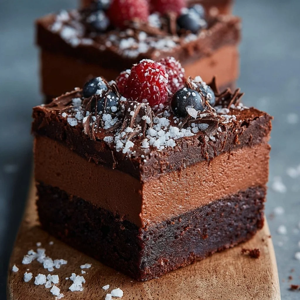 Decadent Chocolate Mousse Brownies topped with chocolate drizzle