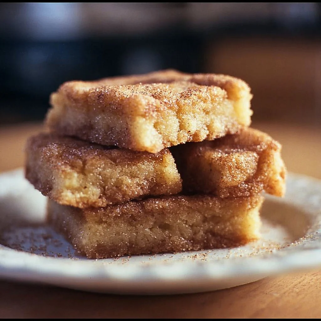 Delicious cinnamon sugar blondies served on a plate, drizzled with icing.