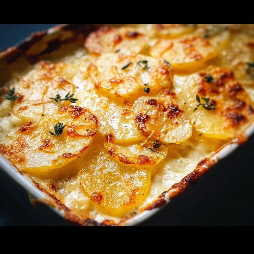 Creamy French potato casserole with layers of potatoes and cheese