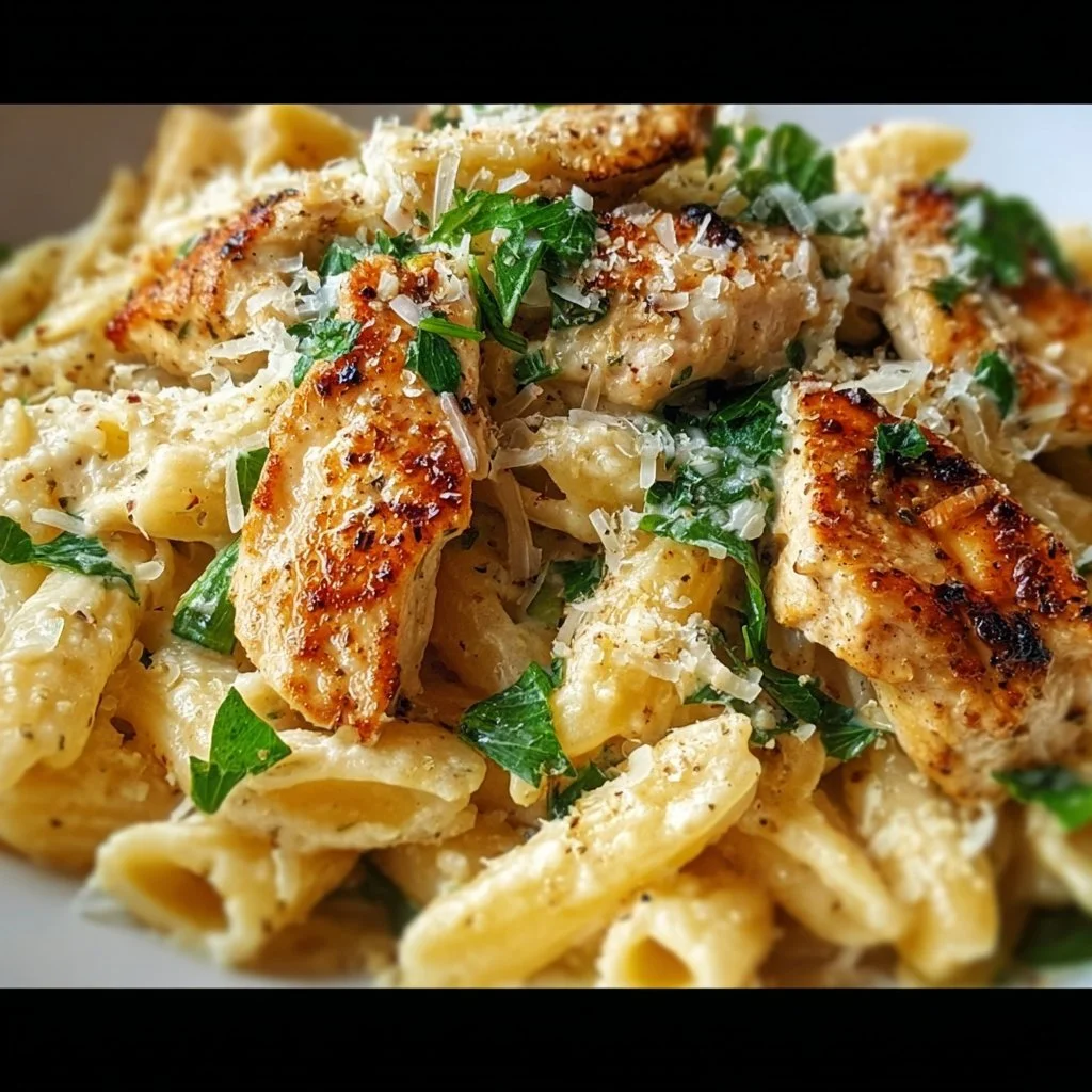 Creamy garlic parmesan chicken pasta in a bowl topped with parsley.