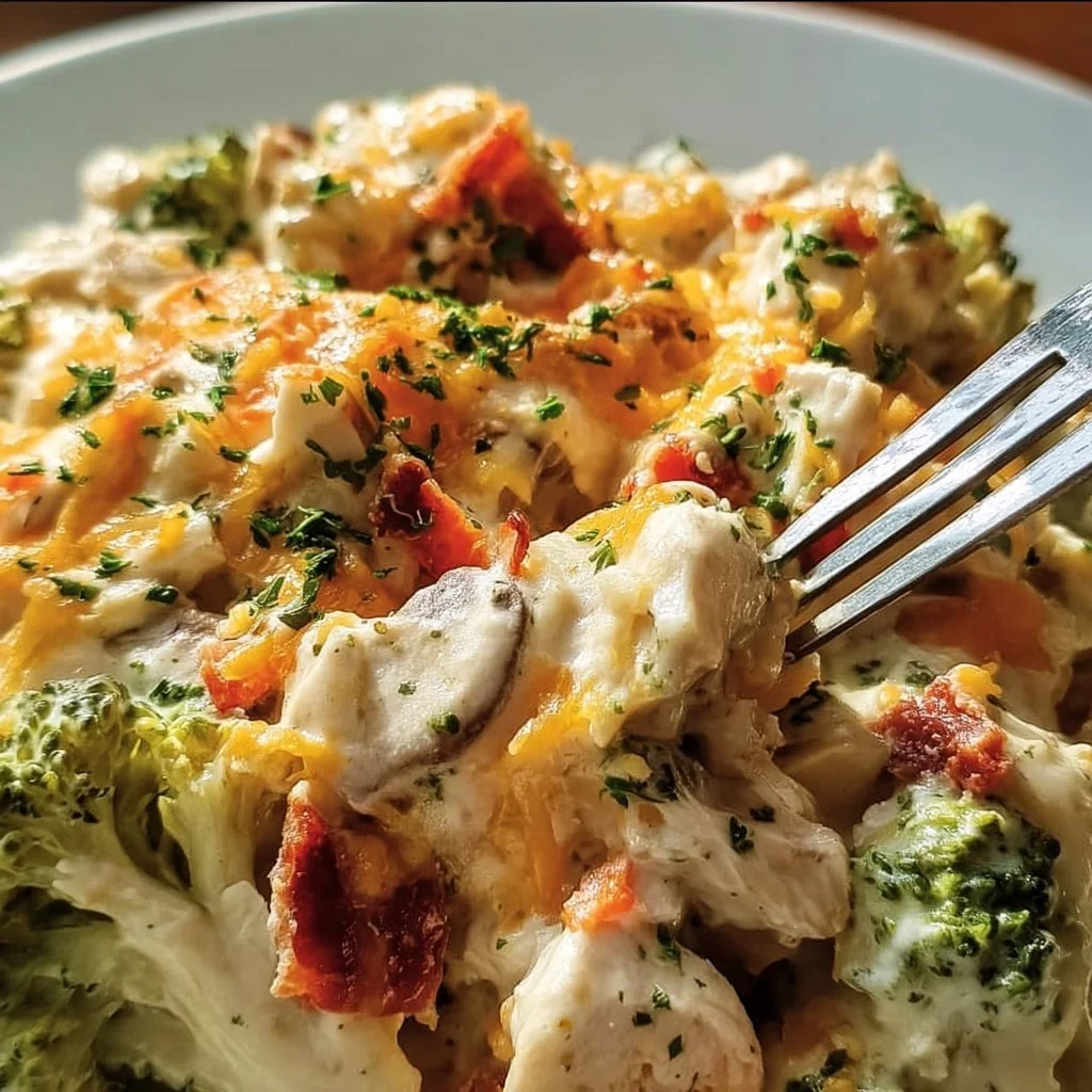 Creamy low carb chicken casserole dish garnished with herbs