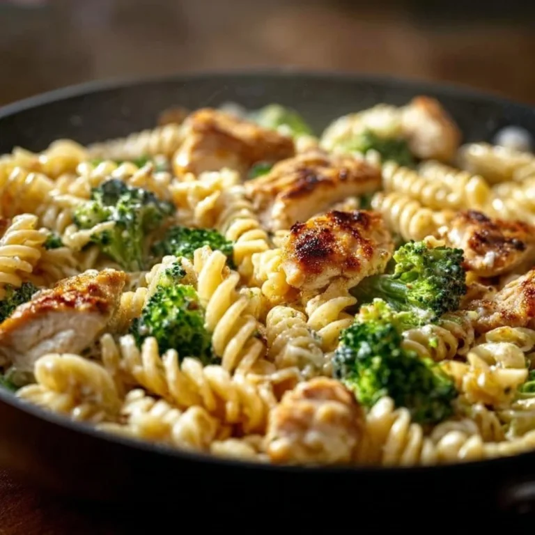 Creamy pasta with rotisserie chicken and broccoli in a savory sauce