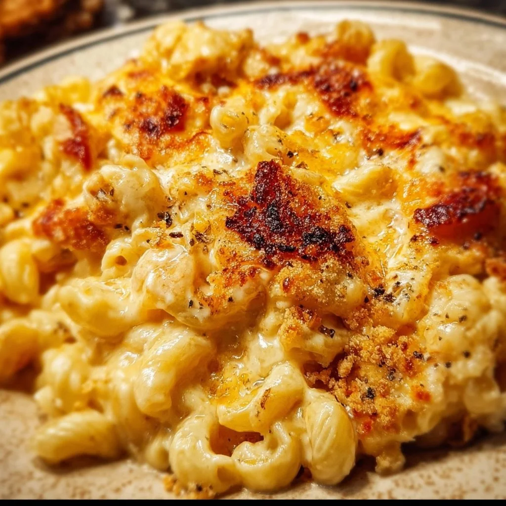 Creamy Southern baked mac and cheese topped with breadcrumbs, perfect comfort food