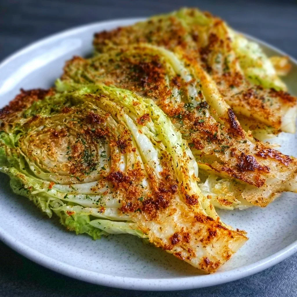 Crispy air fryer cabbage wedges served on a plate.