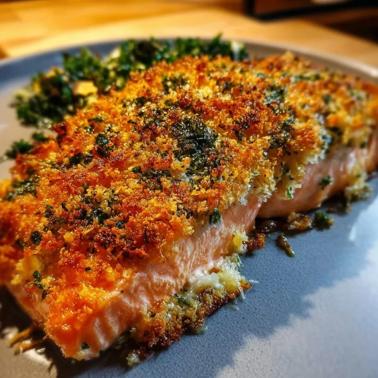 Crispy Parmesan Salmon Bake with herbs and lemon wedges on a serving plate