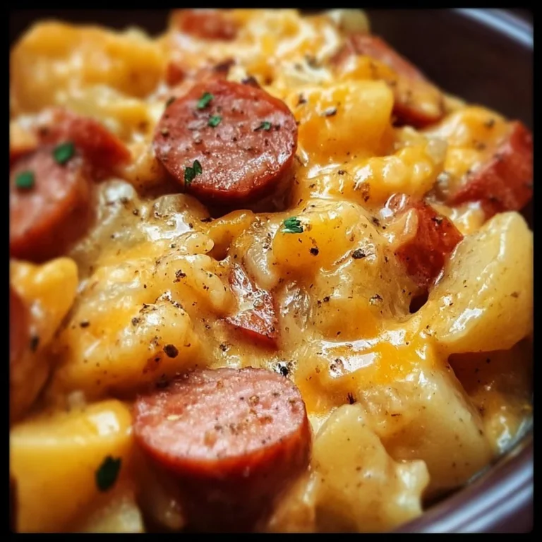 Delicious crockpot cheesy potatoes with kielbasa served in a bowl