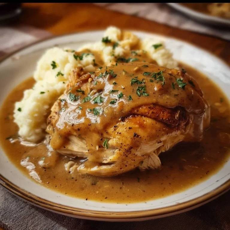 Crockpot chicken and gravy served with mashed potatoes