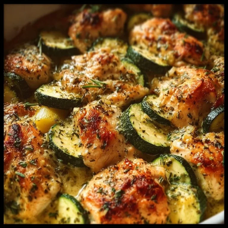 Delicious easy chicken zucchini bake ready to serve, garnished with herbs.