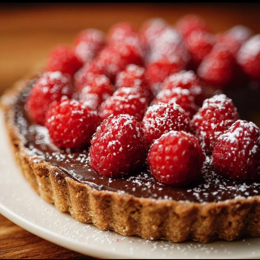 Easy chocolate raspberry tart topped with fresh raspberries and chocolate ganache