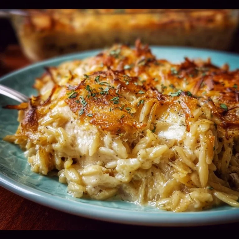 French onion chicken orzo casserole topped with melted cheese and fresh herbs.