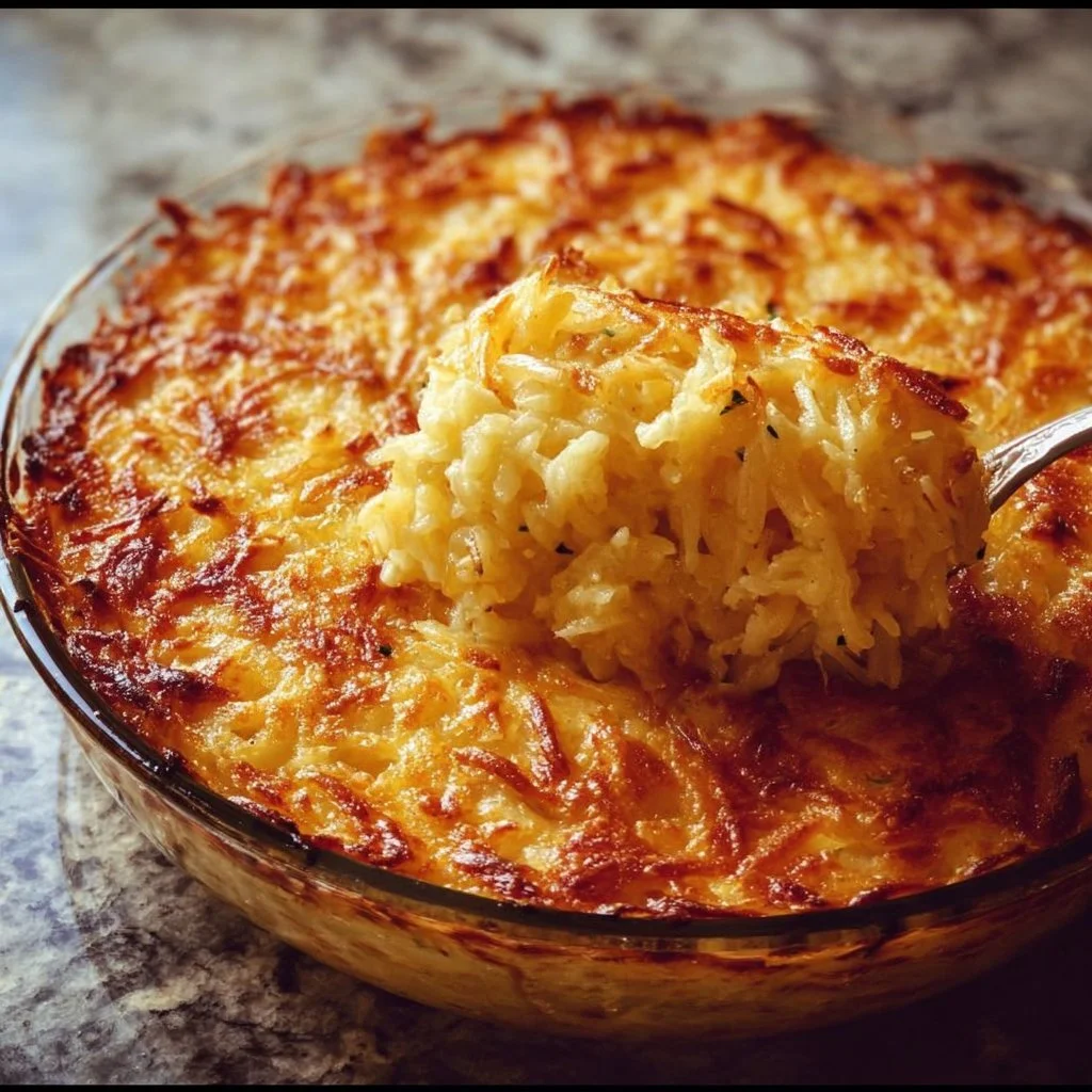 Delicious homemade Grandma's Hash Brown Casserole baked to golden perfection.