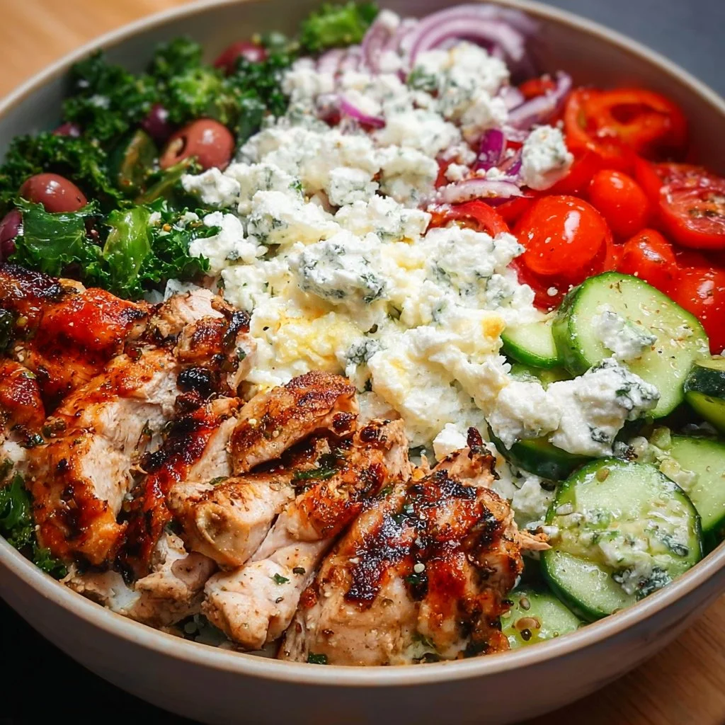Healthy Greek Chicken Bowls with fresh vegetables and zesty dressing