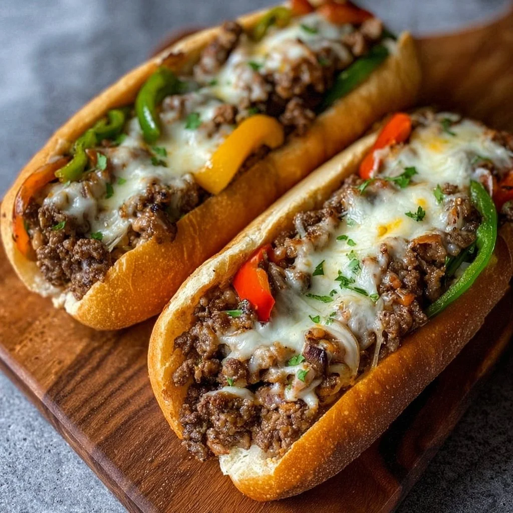 Delicious Ground Beef Philly Cheesesteaks served with cheese and peppers