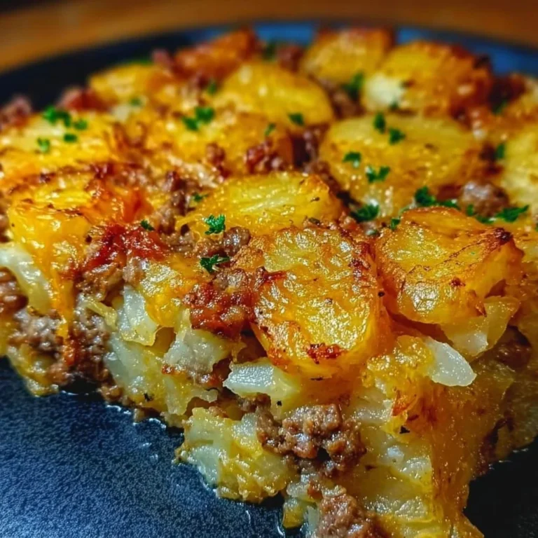 Delicious Hamburger Potato Casserole topped with cheese and herbs