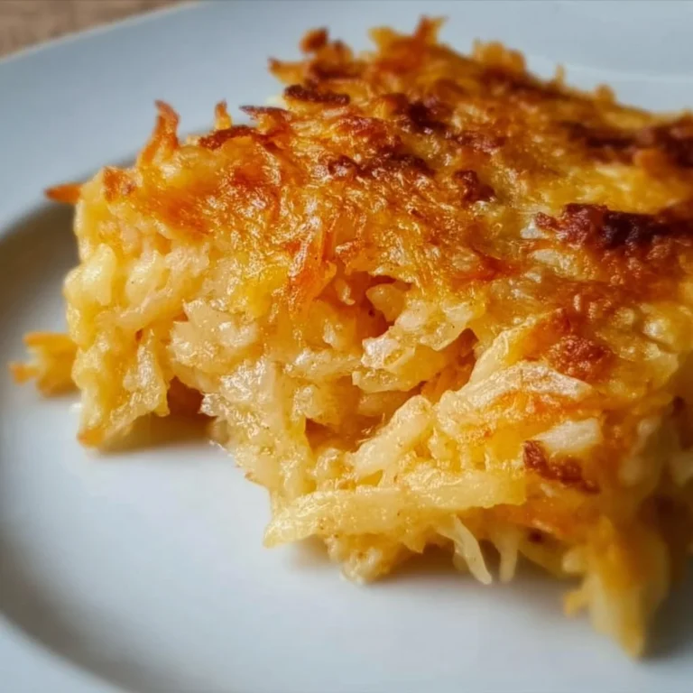 Delicious hashbrown casserole topped with cheese and crispy edges.