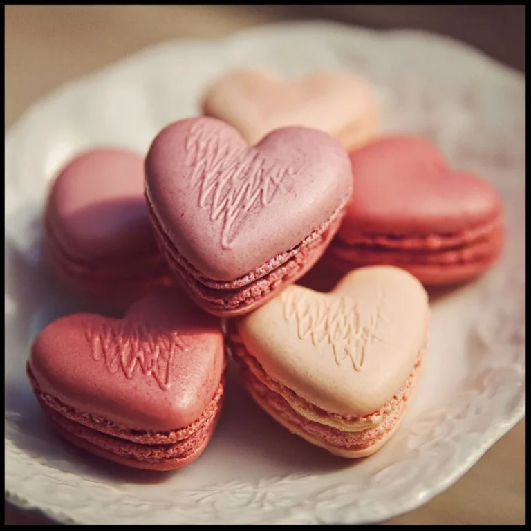 Heart-shaped macarons in various colors and flavors on a stylish plate.