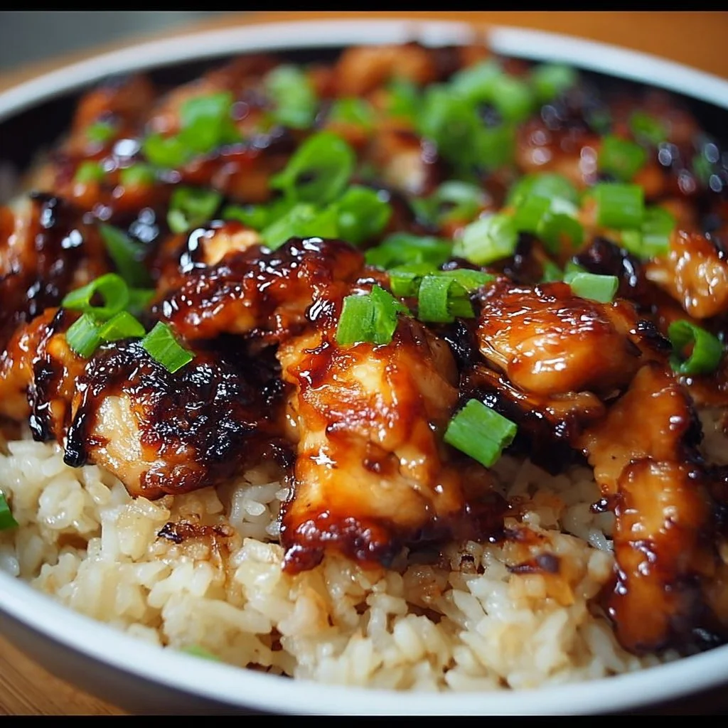 Honey BBQ Chicken Rice dish garnished with herbs and served in a bowl.