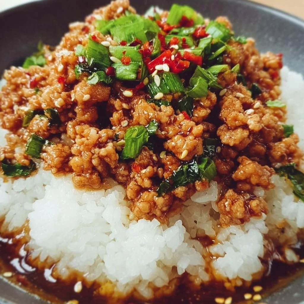 Plate of honey garlic ground turkey served with vegetables and rice