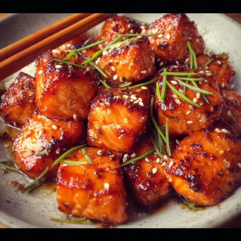 Plate of honey garlic salmon bites garnished with herbs
