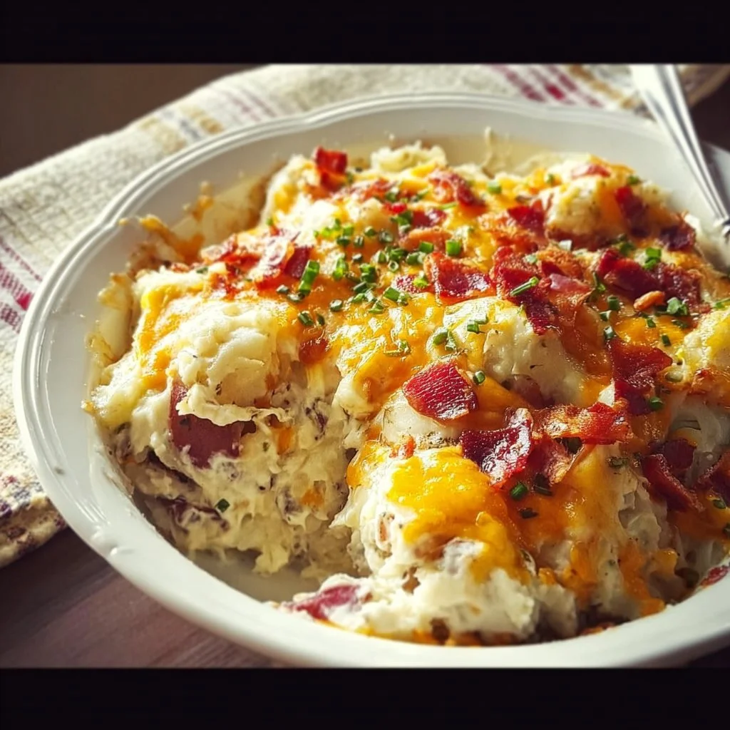 Creamy loaded red potato casserole topped with cheese and herbs