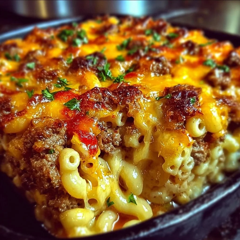 Delicious Mac and Cheese Meatloaf Casserole served in a dish