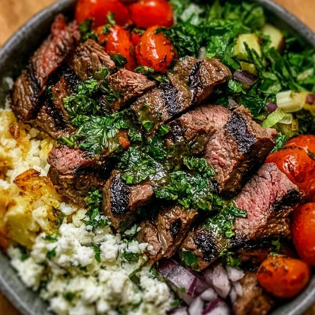 Mediterranean Steak Bowl with marinated beef, fresh vegetables, and herbs